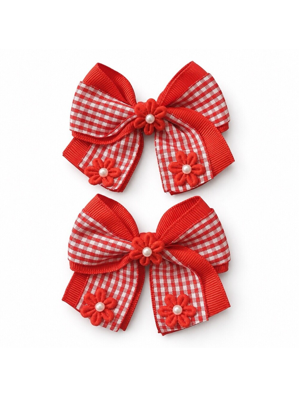 Red White Gingham Hair Bow Pair Floral Faux Pearl Layered Ribbon Bows Set of 2